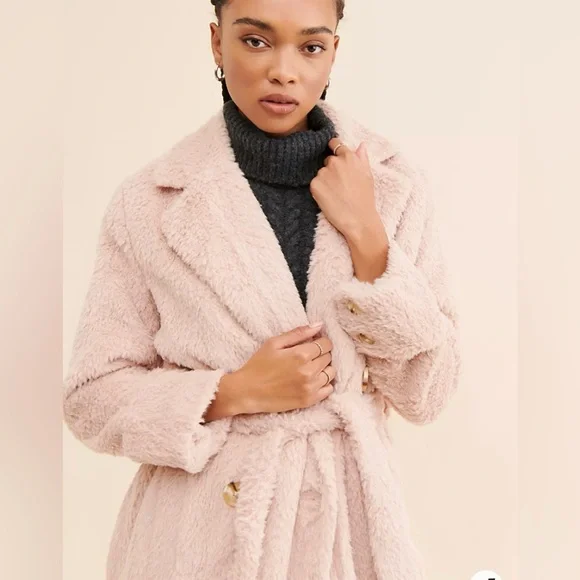 🆕 FREE PEOPLE Cuff it Coat Pink Teddy Cozy Faux Fur Trench Coat Jacket - Picture 3 of 13